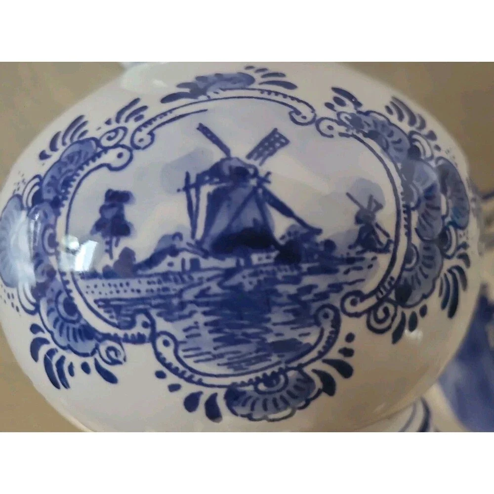 3 Piece Lot Handpainted Delft Blue Pottery Vase Bowl Pitcher Windmill Holland